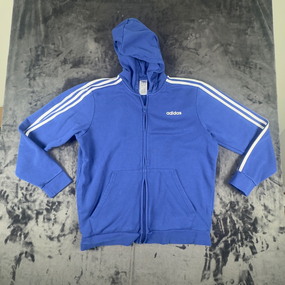 Adidas Full Zip Hoodie Mens XL Blue 3-Stripes Essentials Fleece Sweatshirt
